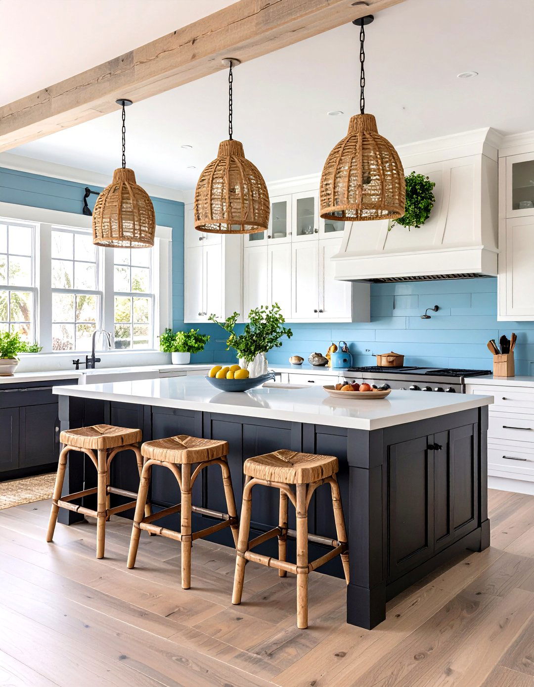 White Kitchen with Black Island and Coastal Breeze Style - 20 white kitchen ideas with black island