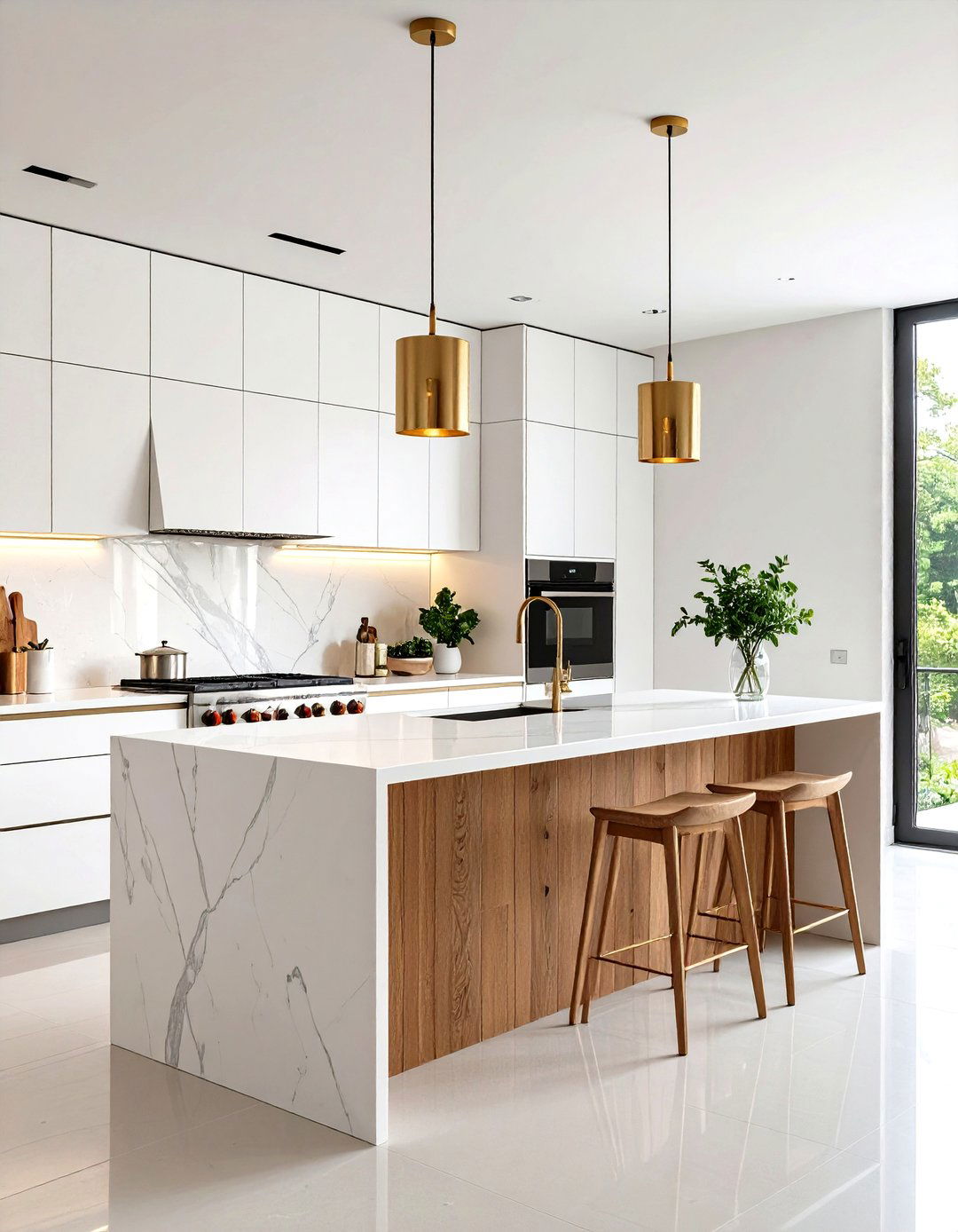 White Kitchen with Black Island and Fluted Wood Detailing - 20 white kitchen ideas with black island