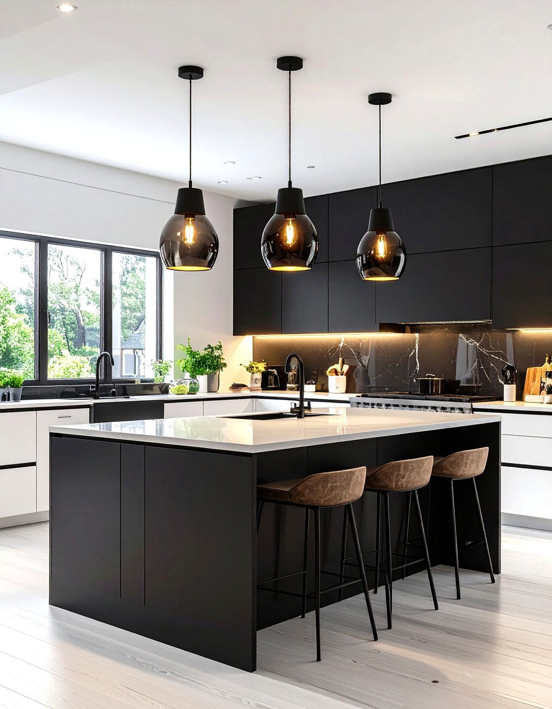 White Kitchen with Black Island and Glamorous Pendant Trio - 20 white kitchen ideas with black island