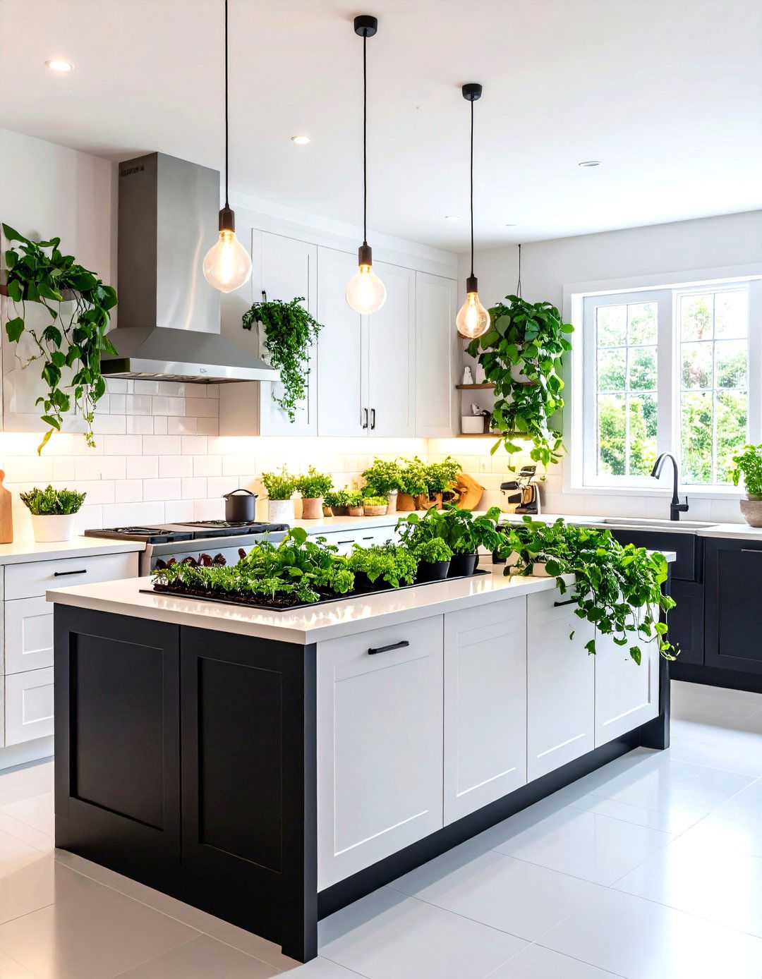 White Kitchen with Black Island and Greenery Accents - 20 white kitchen ideas with black island