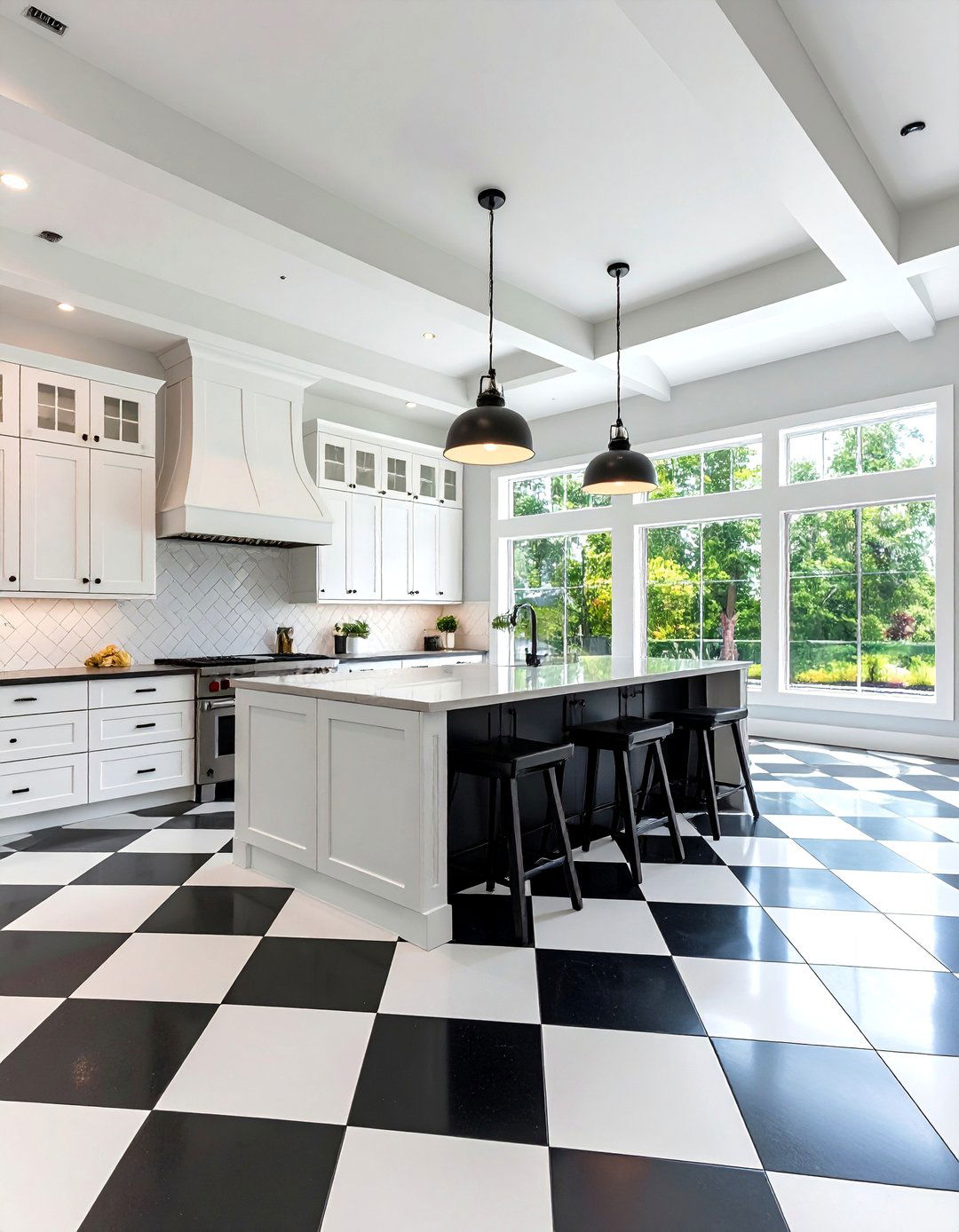 White Kitchen with Black Island and High Contrast Flooring - 20 white kitchen ideas with black island