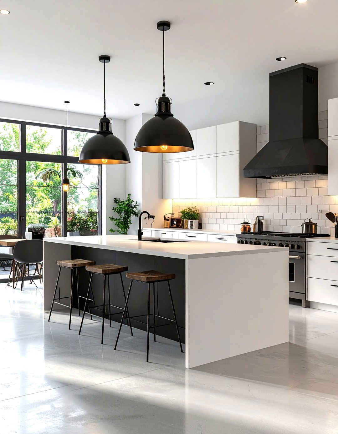 White Kitchen with Black Island and Industrial Lighting - 20 white kitchen ideas with black island