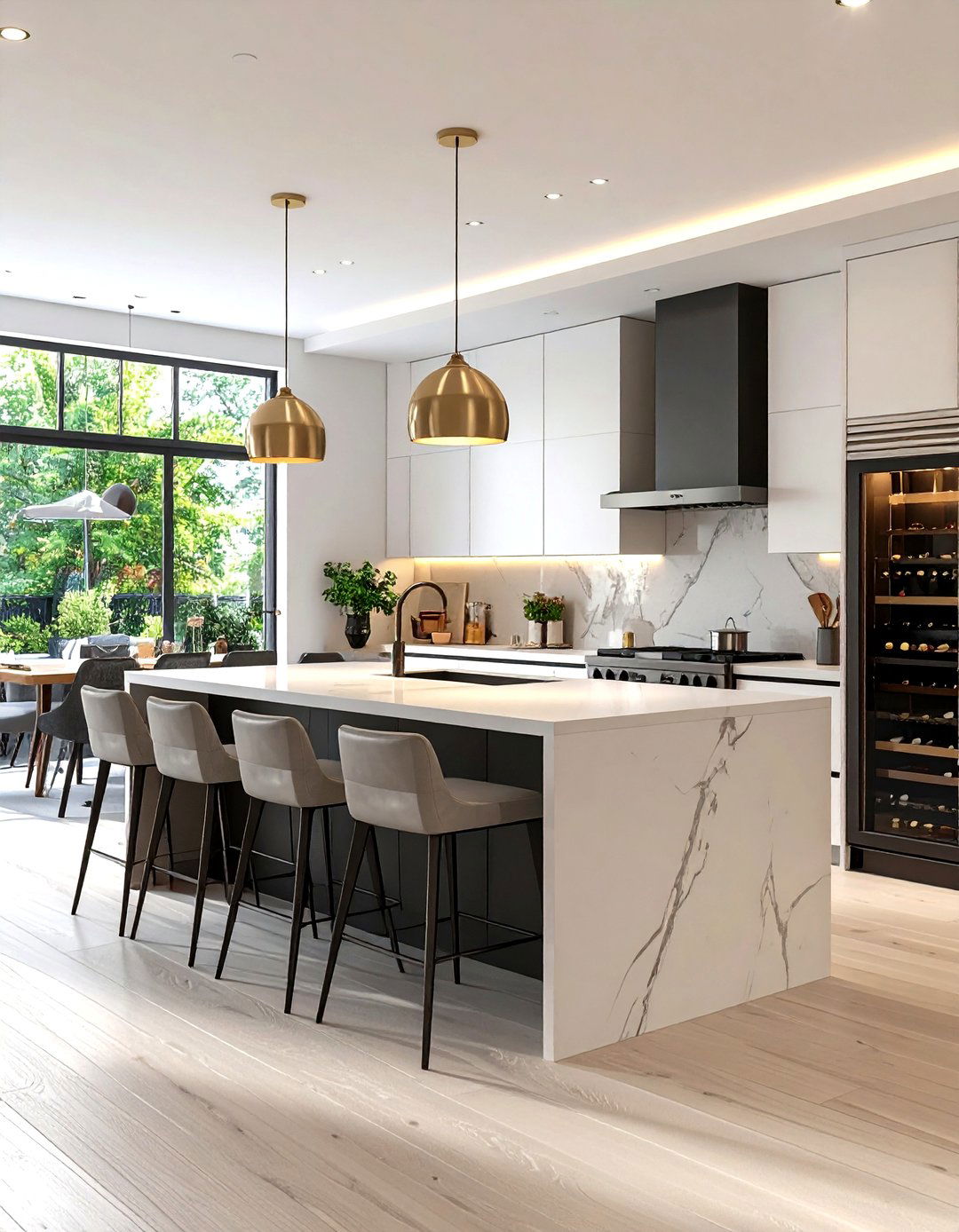 White Kitchen with Black Island and Integrated Seating - 20 white kitchen ideas with black island