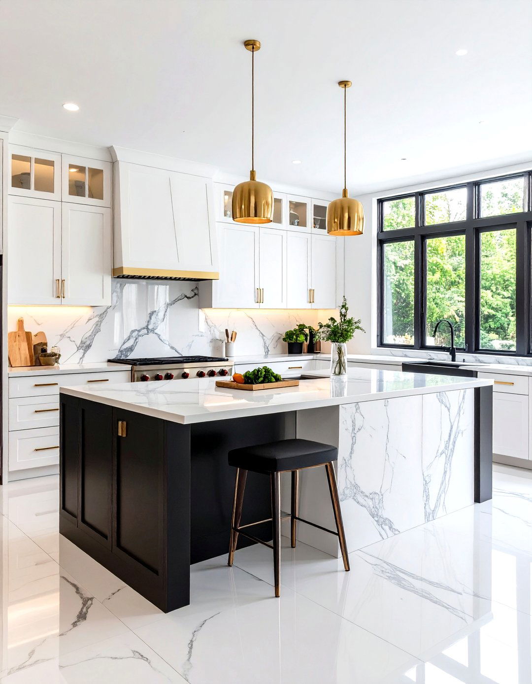 White Kitchen with Black Island and Marble Backsplash - 20 white kitchen ideas with black island