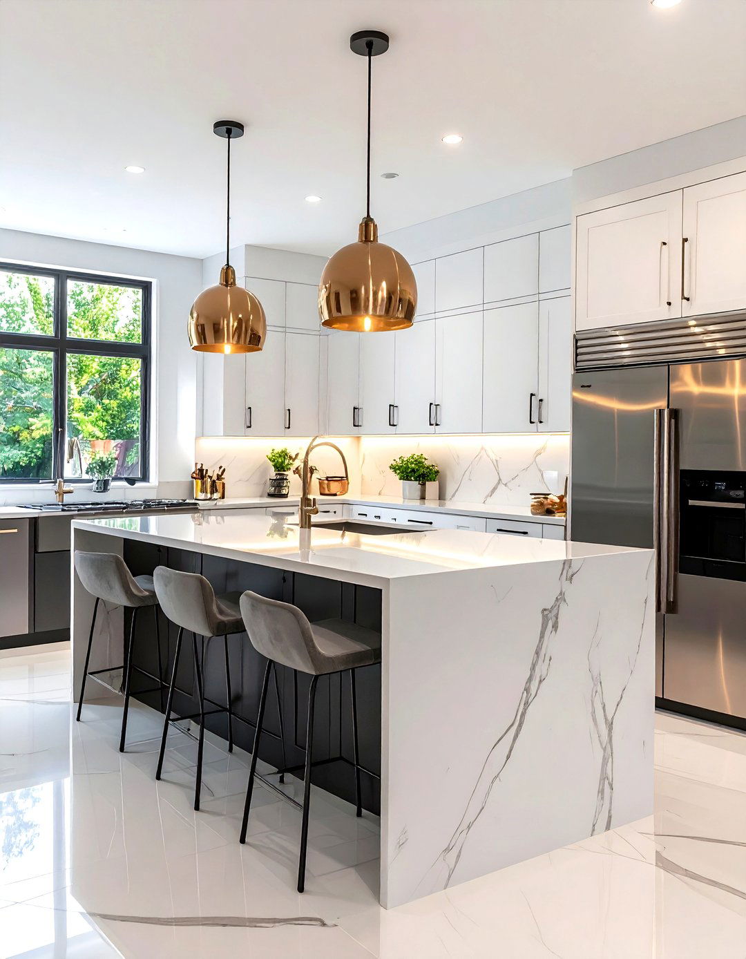 White Kitchen with Black Island and Mixed Metals - 20 white kitchen ideas with black island