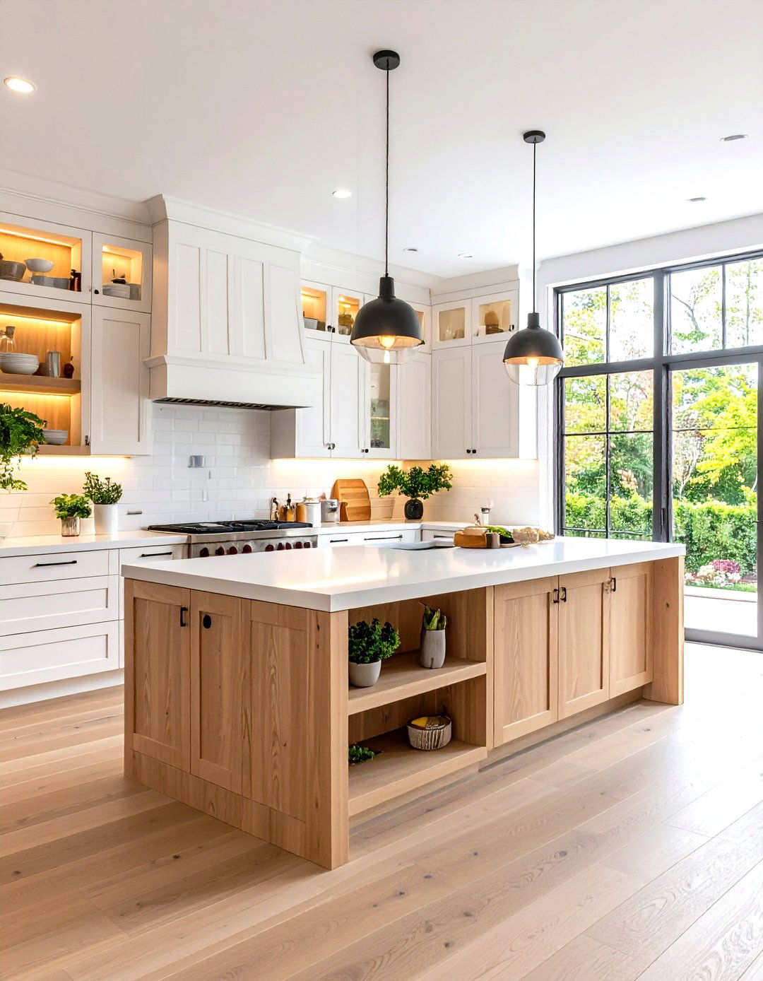 White Kitchen with Black Island and Open Shelving - 20 white kitchen ideas with black island