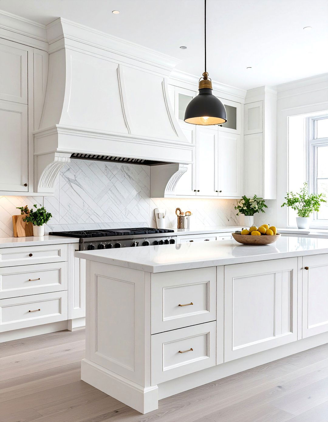 White Kitchen with Black Island and Statement Range Hood - 20 white kitchen ideas with black island