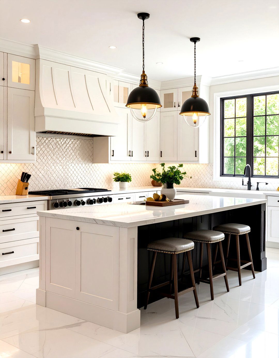 White Kitchen with Black Island and Textured Tile - 20 white kitchen ideas with black island