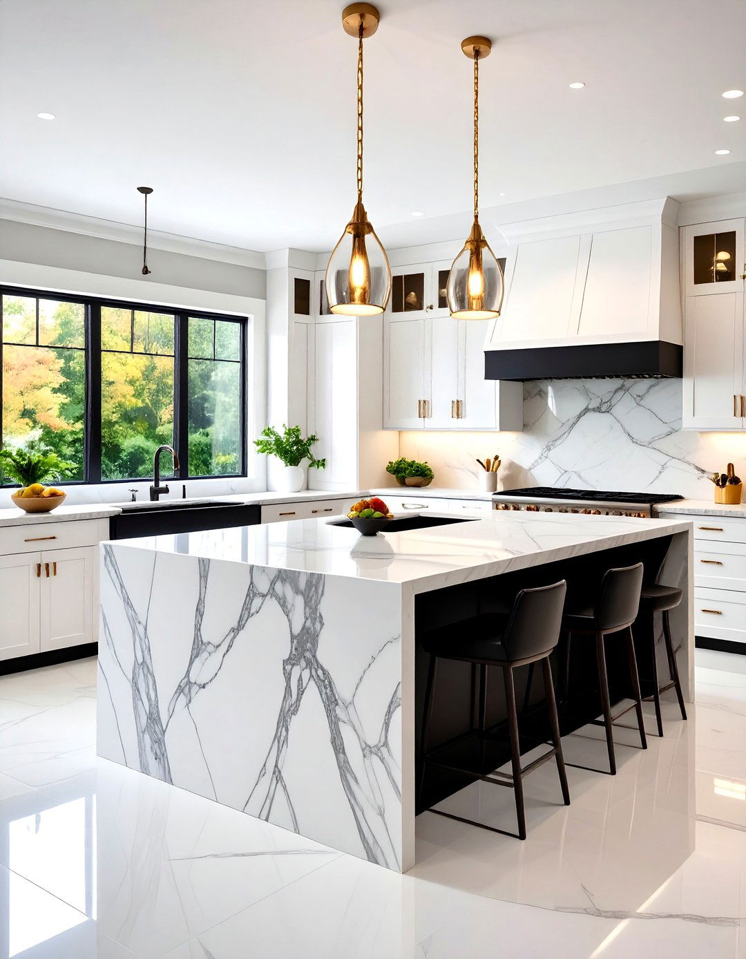 White Kitchen with Black Island and Waterfall Countertop - 20 white kitchen ideas with black island