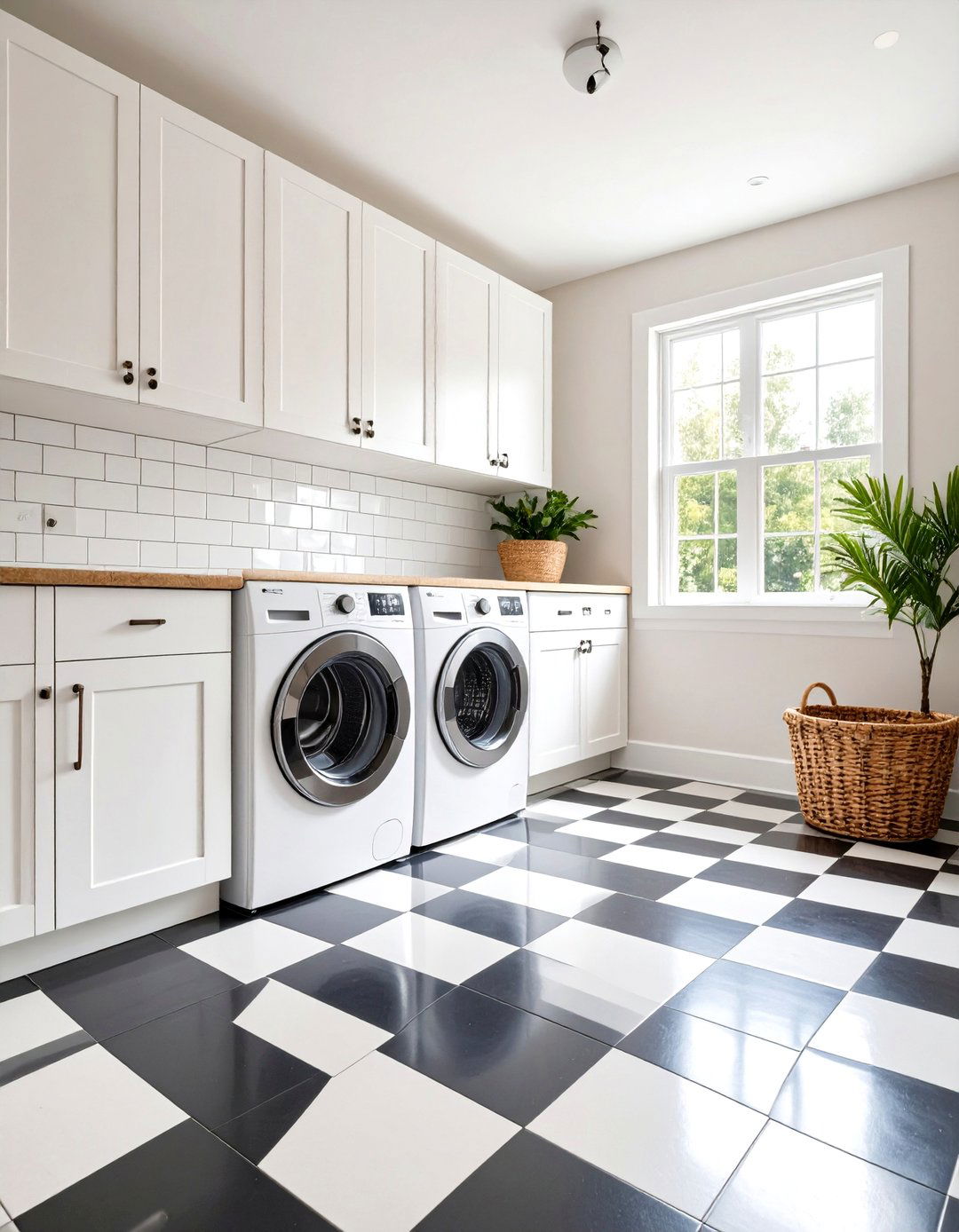 White Laundry Room with Checkerboard Floor Pattern - 20 White Laundry Room Ideas