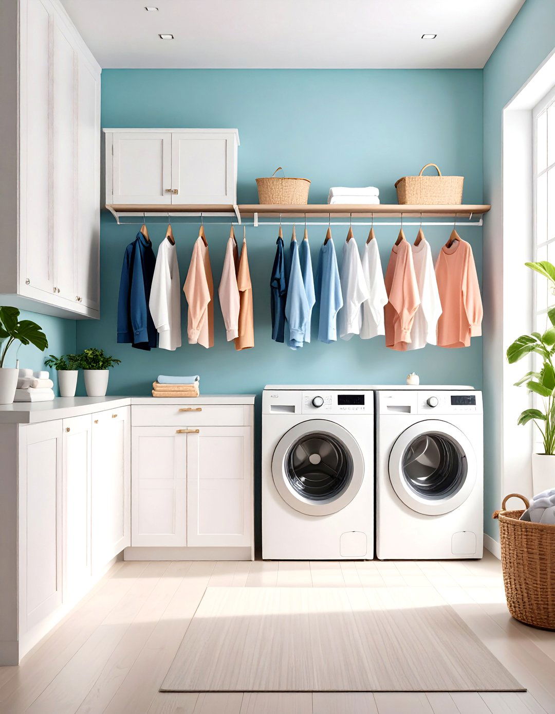 White Laundry Room with Hanging Rod Storage - 20 White Laundry Room Ideas