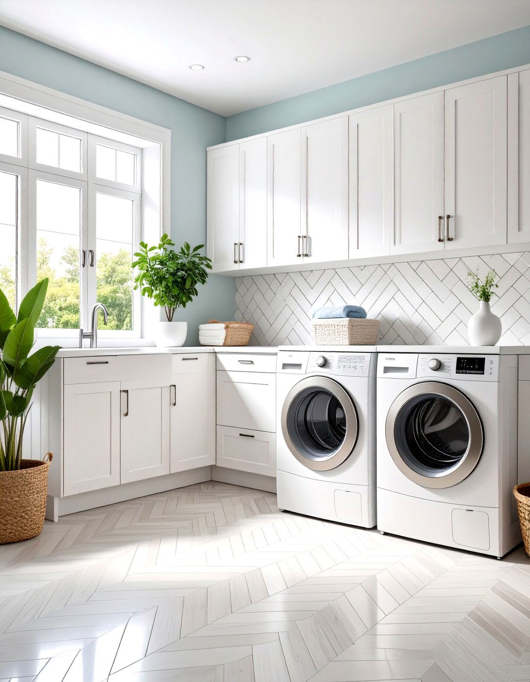 White Laundry Room with Herringbone Tile Pattern - 20 White Laundry Room Ideas