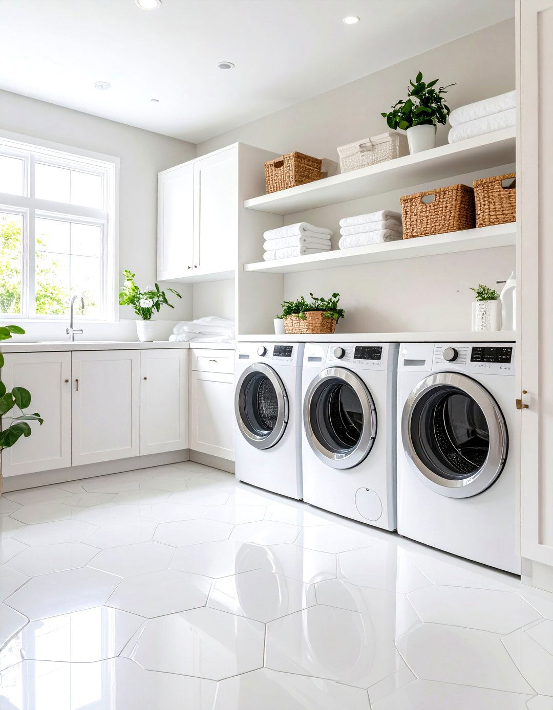 White Laundry Room with Hexagonal Floor Tiles - 20 White Laundry Room Ideas