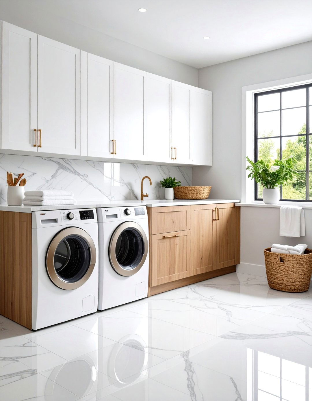 White Laundry Room with Marble Look Backsplash - 20 White Laundry Room Ideas