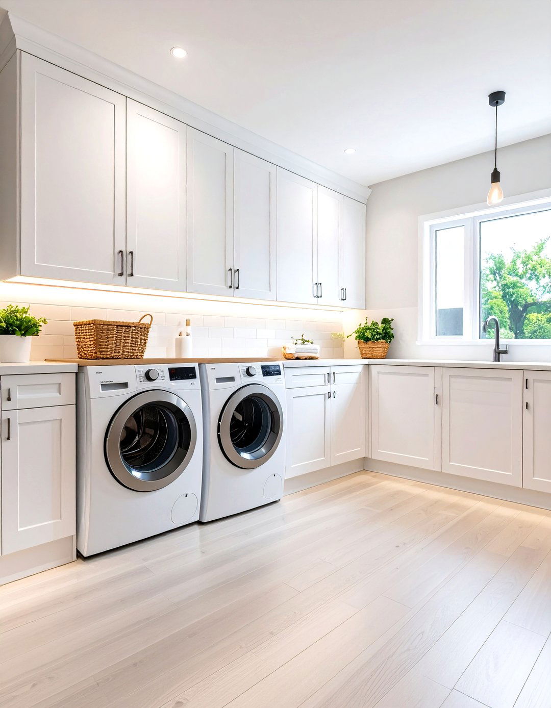 White Laundry Room with Under Cabinet Lighting - 20 White Laundry Room Ideas