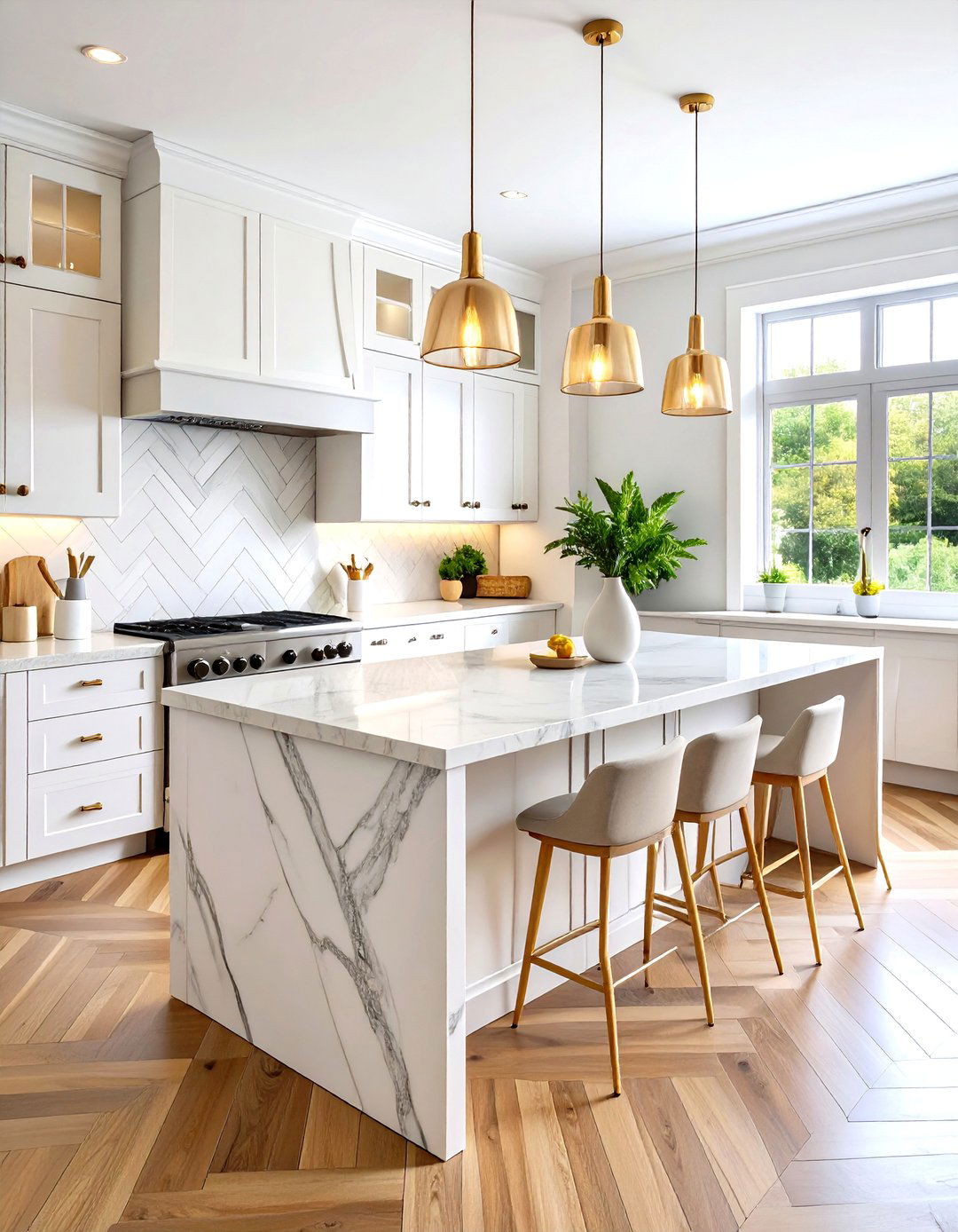 White Marble Herringbone Backsplash - 20 White Kitchen Backsplash Ideas