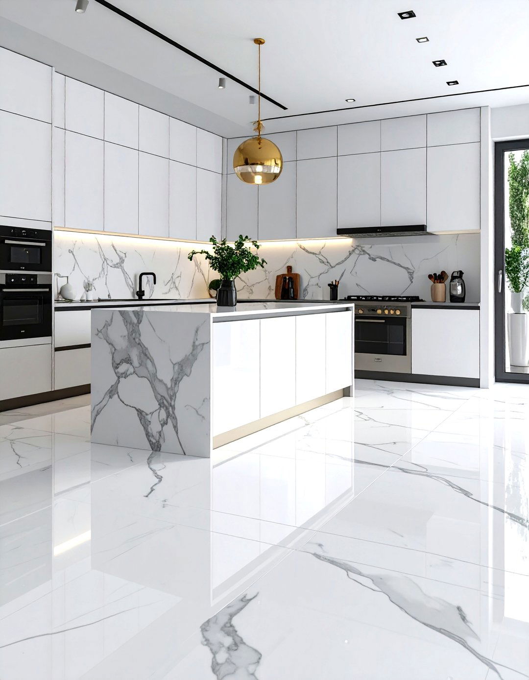 White Marble Kitchen Floor with Natural Veining - 20 White Kitchen Floor Ideas