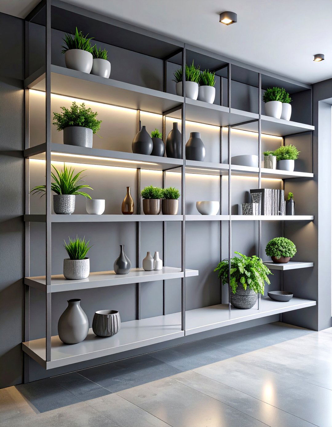 White Minimalist Shelving with Grey Accessories - 20 Grey and White House Interior Design Ideas