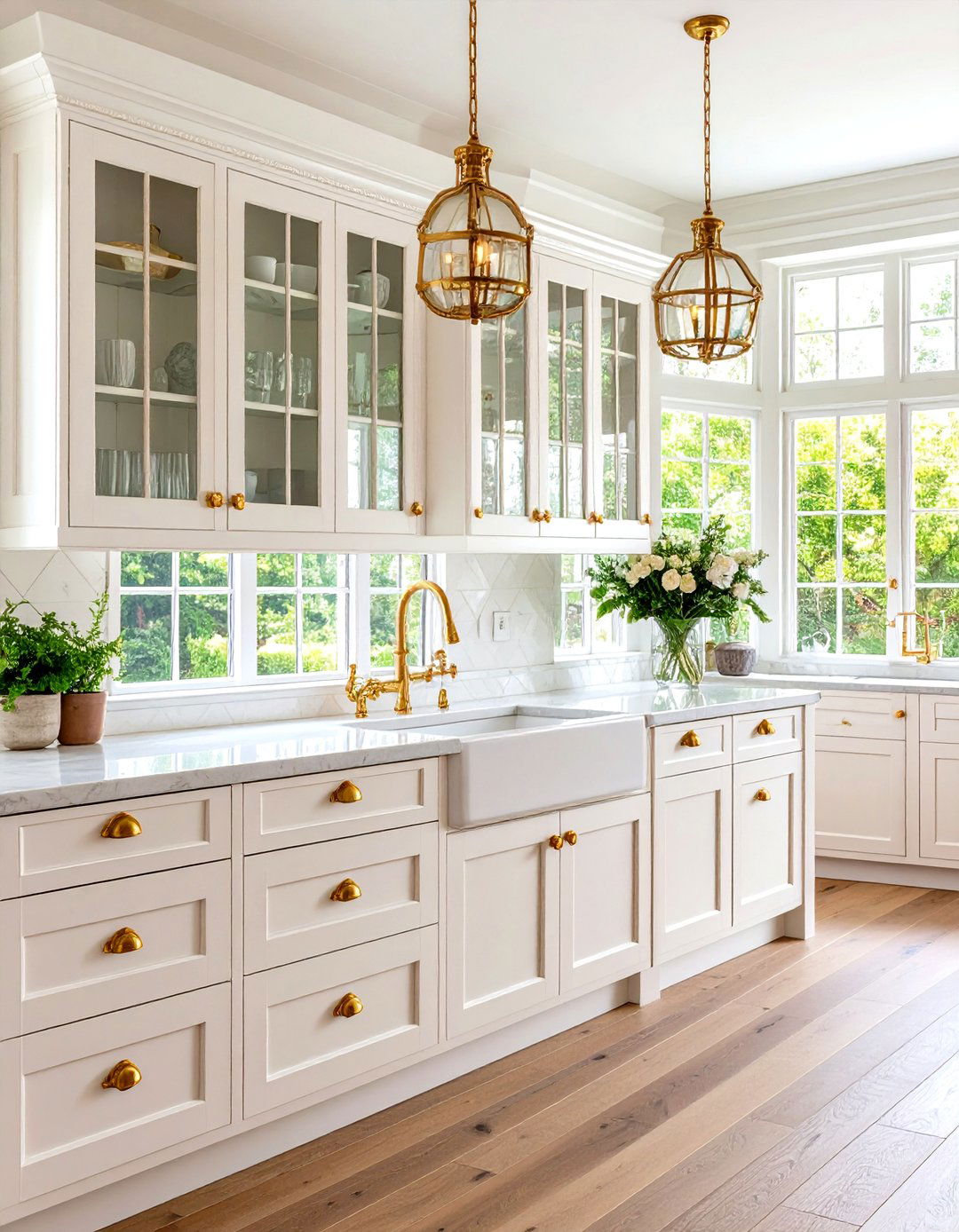 White Mullion Glass Cabinets With Period Gold Hardware - 20 White Kitchen Cabinets With Gold Hardwar