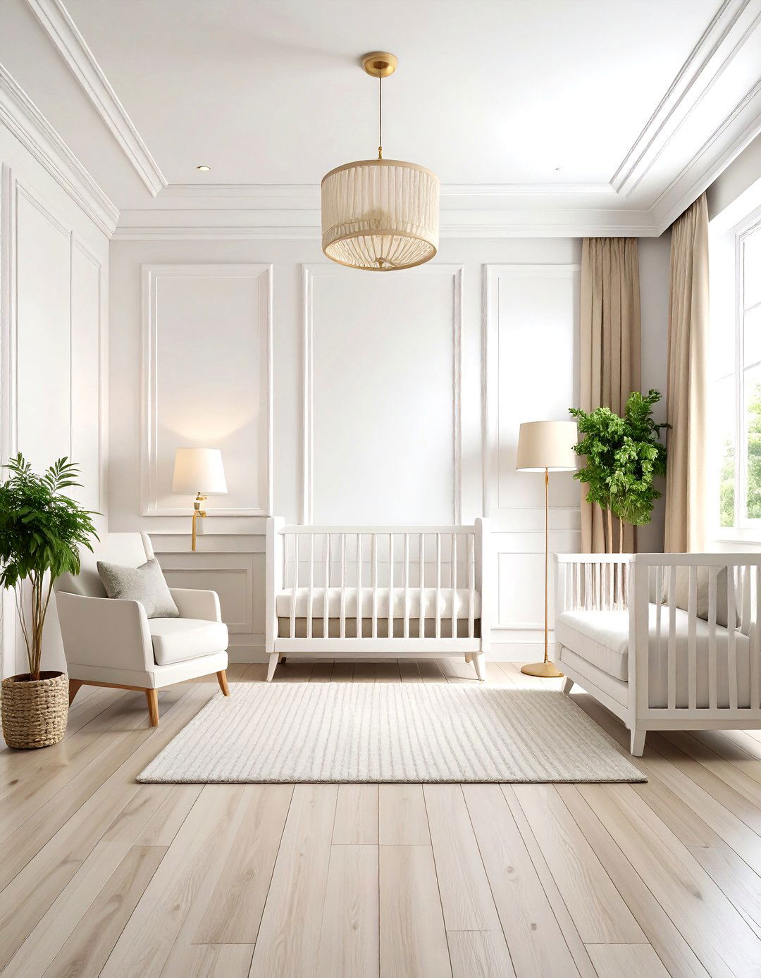 White Nursery with Statement Wall Molding - 20 White Nursery Ideas