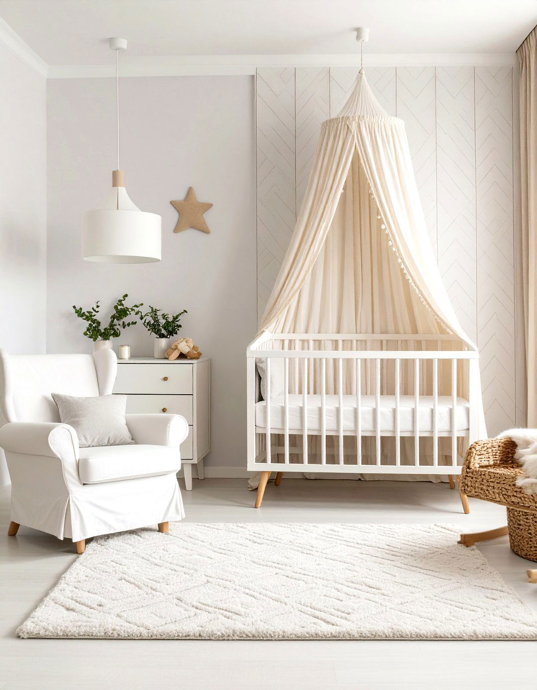 White Nursery with Textured Wallpaper Accent Wall - 20 White Nursery Ideas