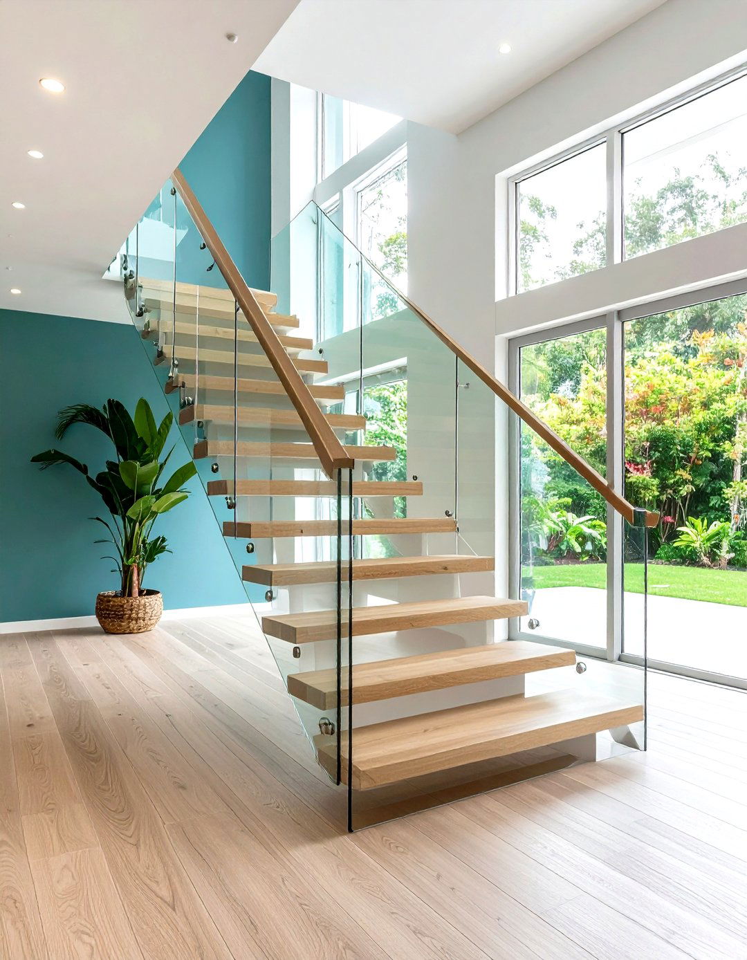 White Oak Staircase with Glass Balustrade Railings - 20 White Oak Staircase Ideas