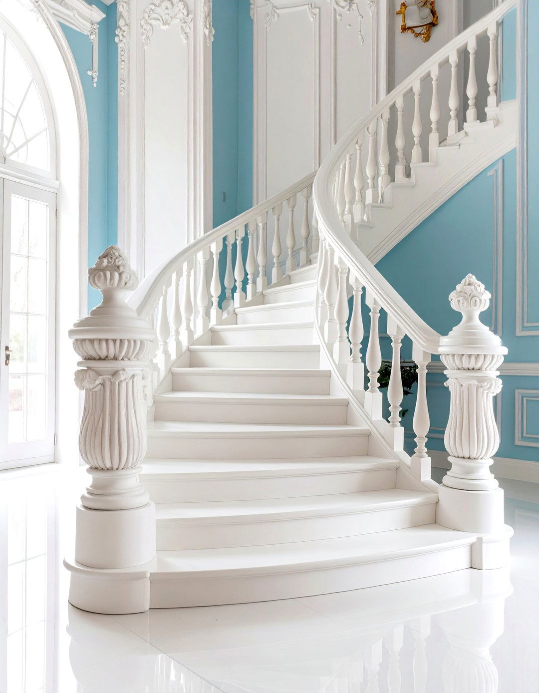 White Oak Staircase with Ornate Newel Posts - 20 White Oak Staircase Ideas