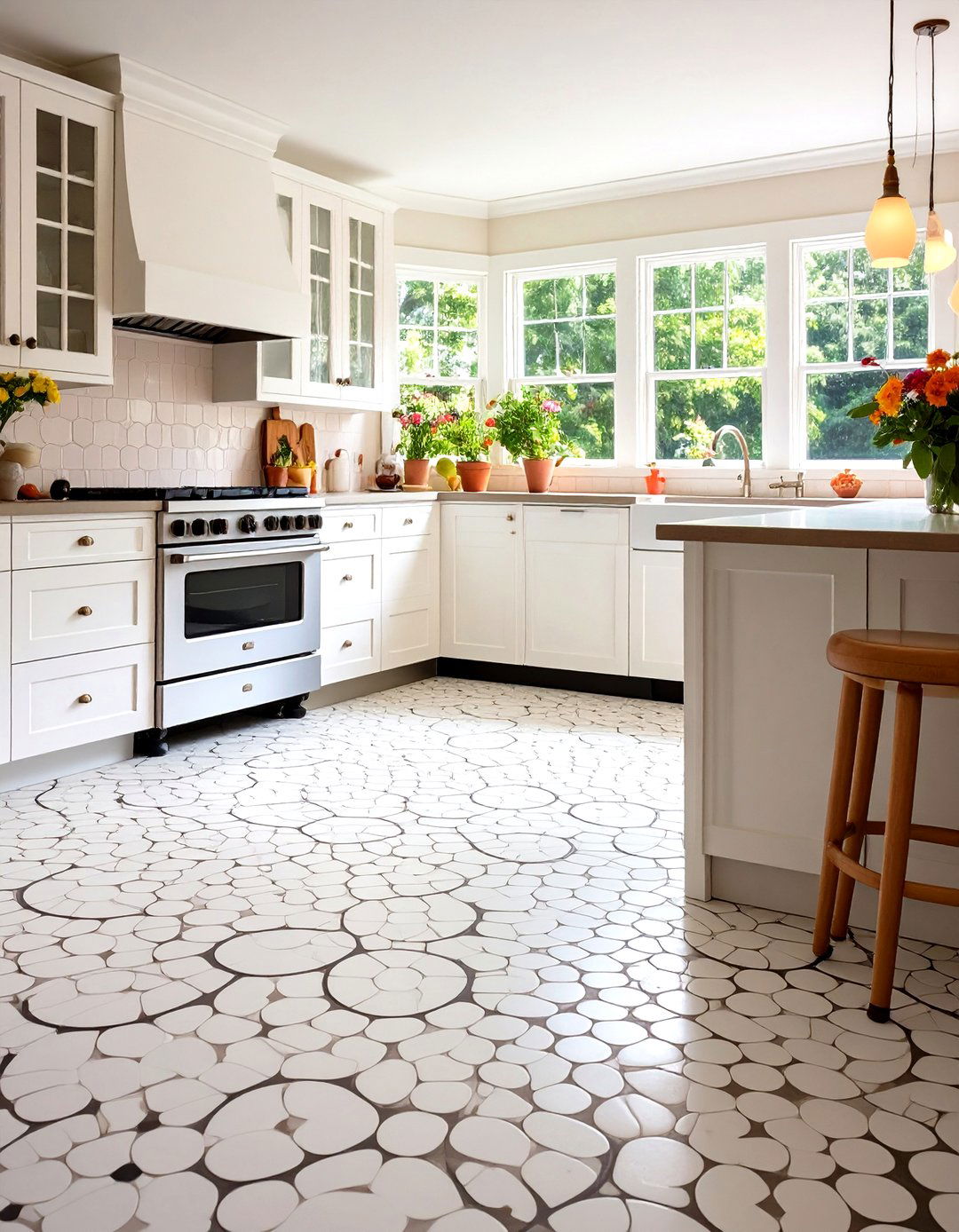 White Penny Round Kitchen Floor Mosaic - 20 White Kitchen Floor Ideas