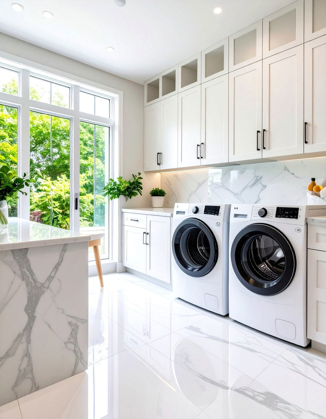 White Quartz Waterfall Countertop Laundry Room - 20 White Laundry Room Ideas