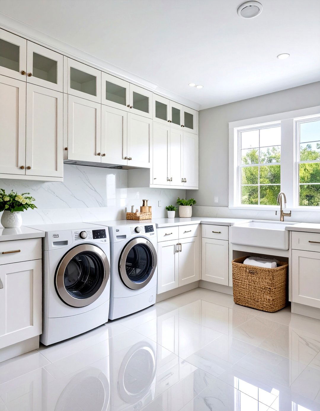 White Shaker Cabinet Laundry Room with Quartz Countertops - 20 White Laundry Room Ideas