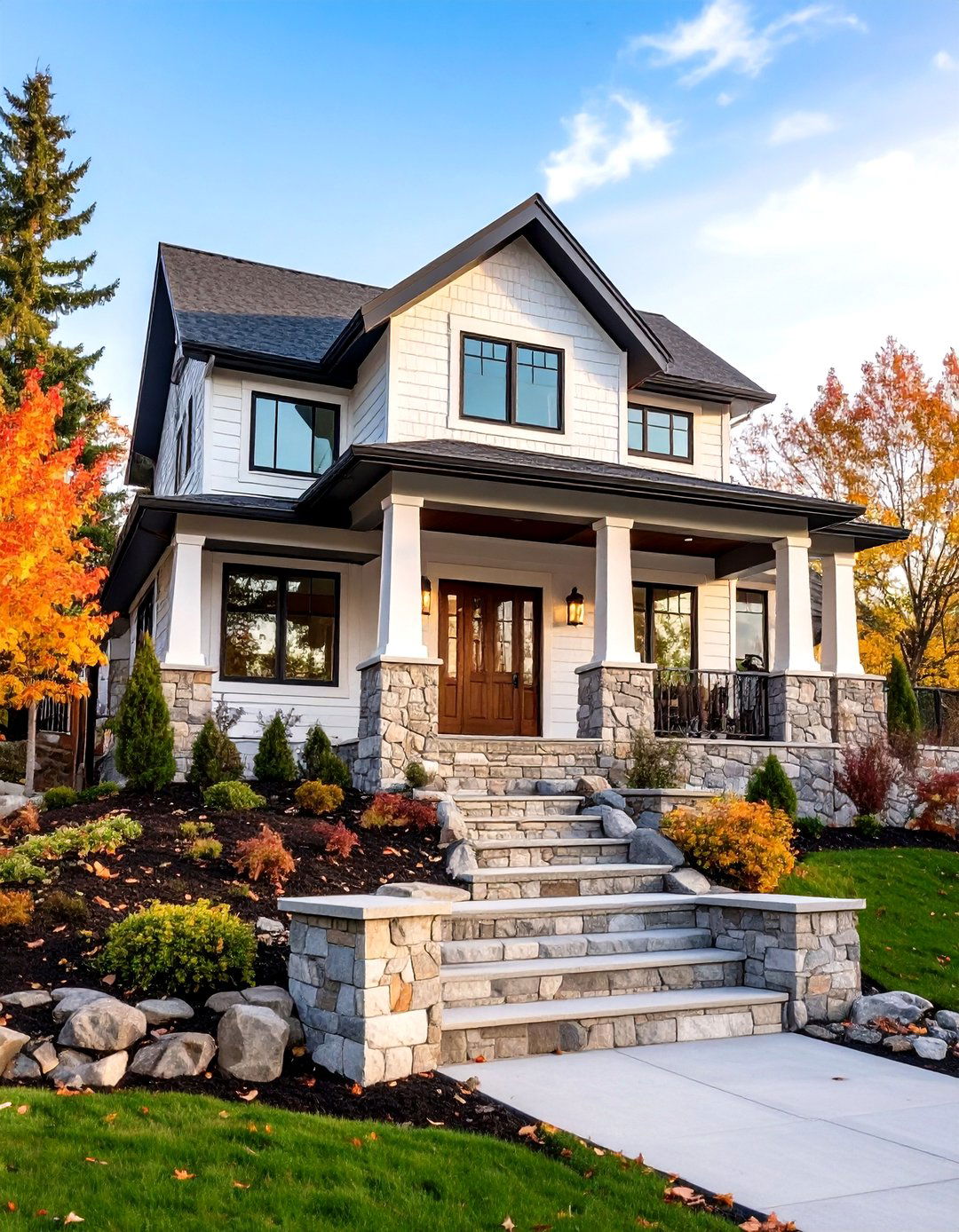 White Siding Stone Foundation Combination - 20 White Siding House Designs