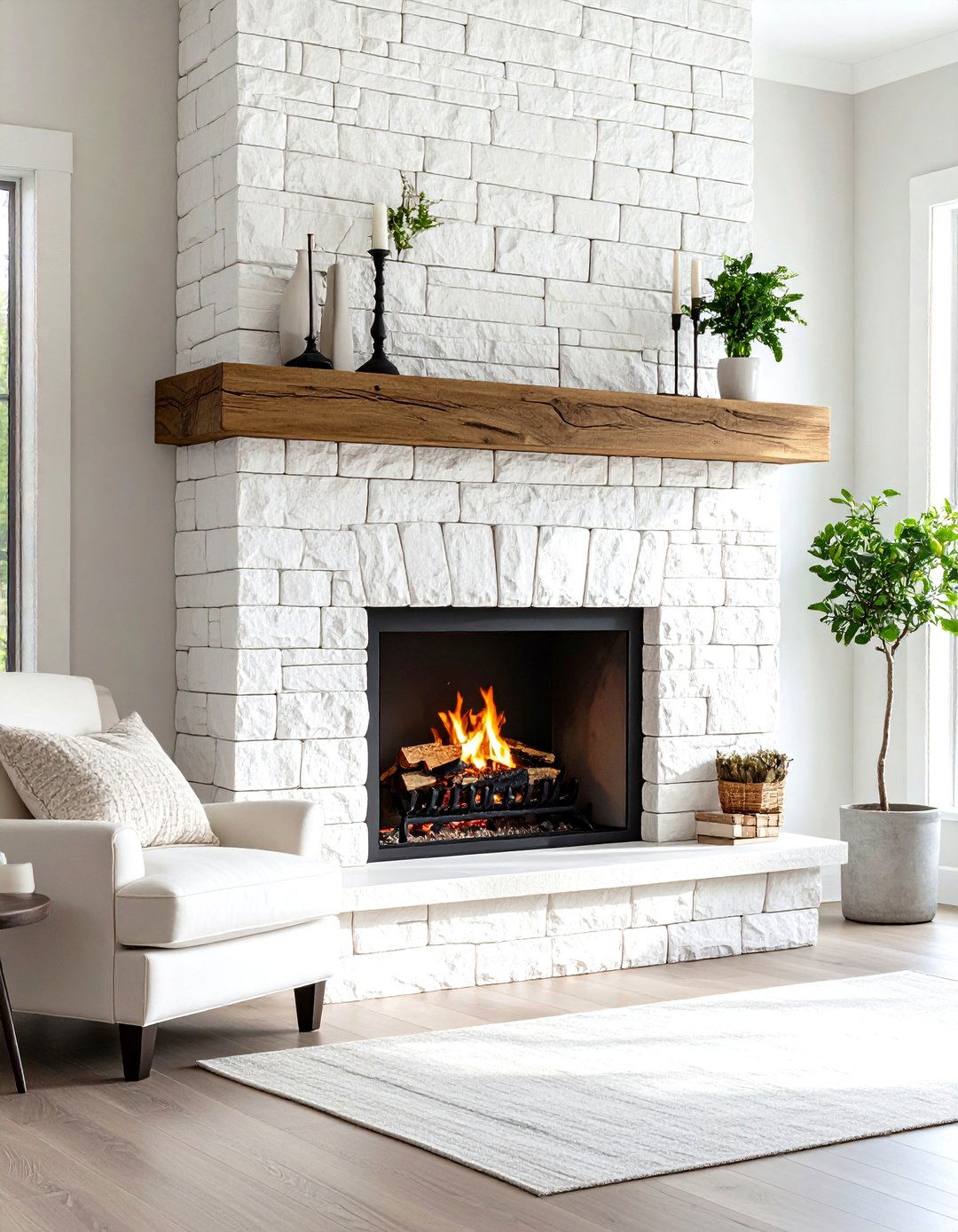 White Stacked Stone Rustic Fireplace Design - 20 White Fireplace Ideas