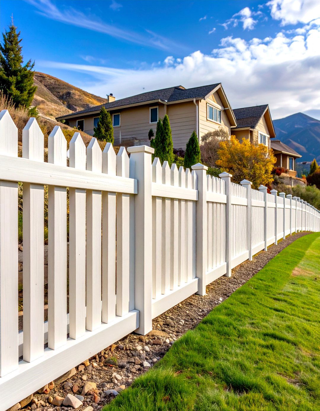 White Stepped Privacy Fence for Uneven Terrain - 20 White Privacy Fence Ideas