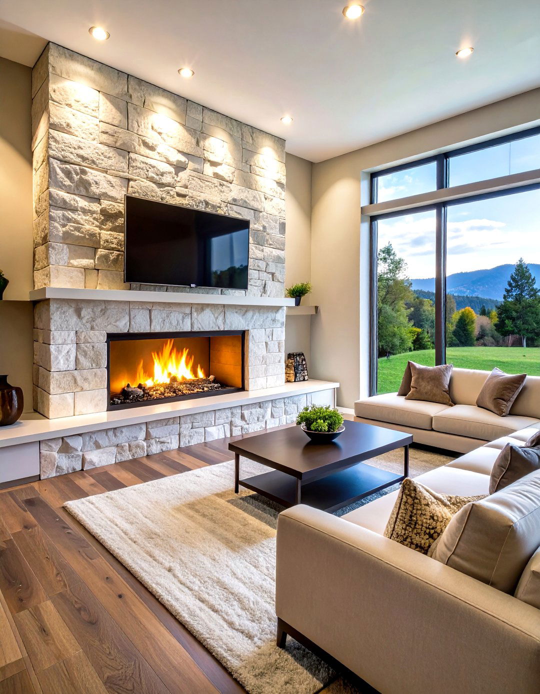 White Stone Fireplace with Integrated TV Niche - 20 White Stone Fireplace Ideas