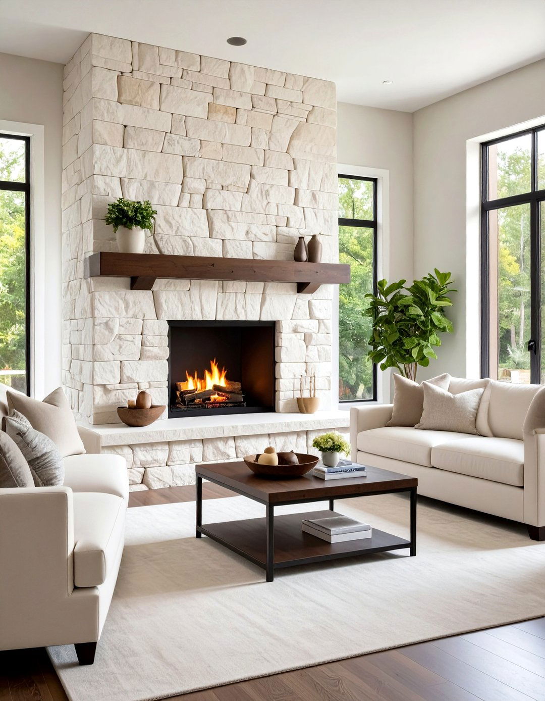 White Stone Fireplace with Stacked Ledgestone Texture - 20 White Stone Fireplace Ideas