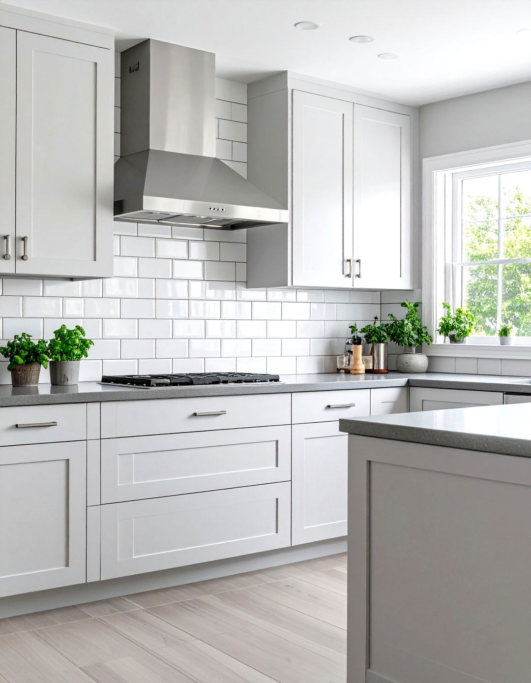 White Subway Tile Backsplash with Grey Grout Lines - 20 Grey and White House Interior Design Ideas
