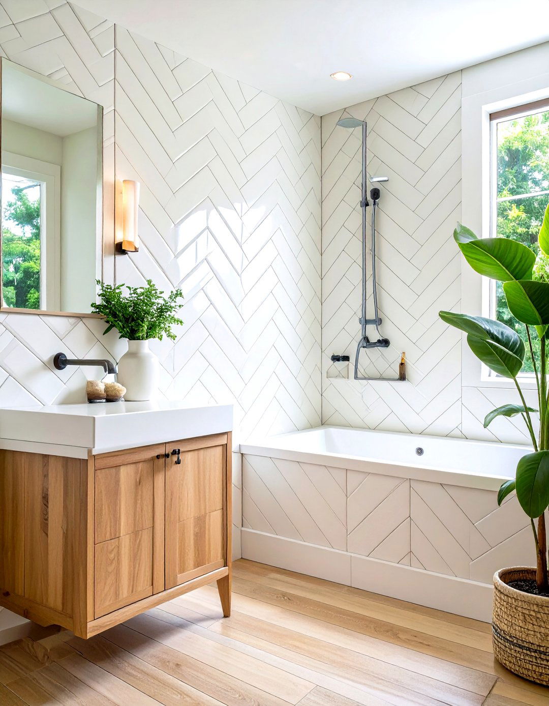 White Tile Bathroom Herringbone Pattern Accent - 20 White Tile Bathroom Ideas