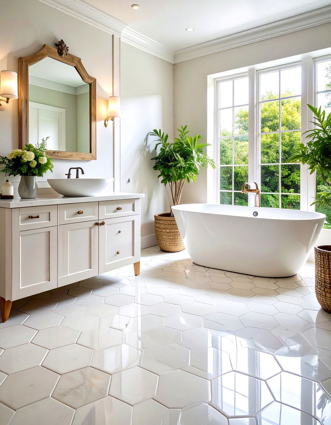 White Tile Bathroom Hexagon Mosaic Floor Design - 20 White Tile Bathroom Ideas