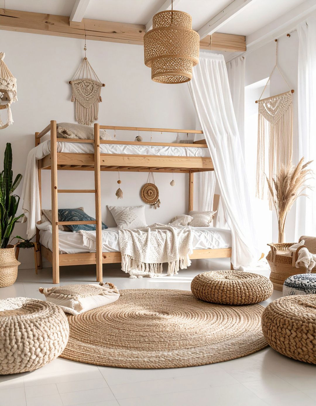 White Washed Bohemian Bunk Room with Natural Textures - 20 bunk room ideas