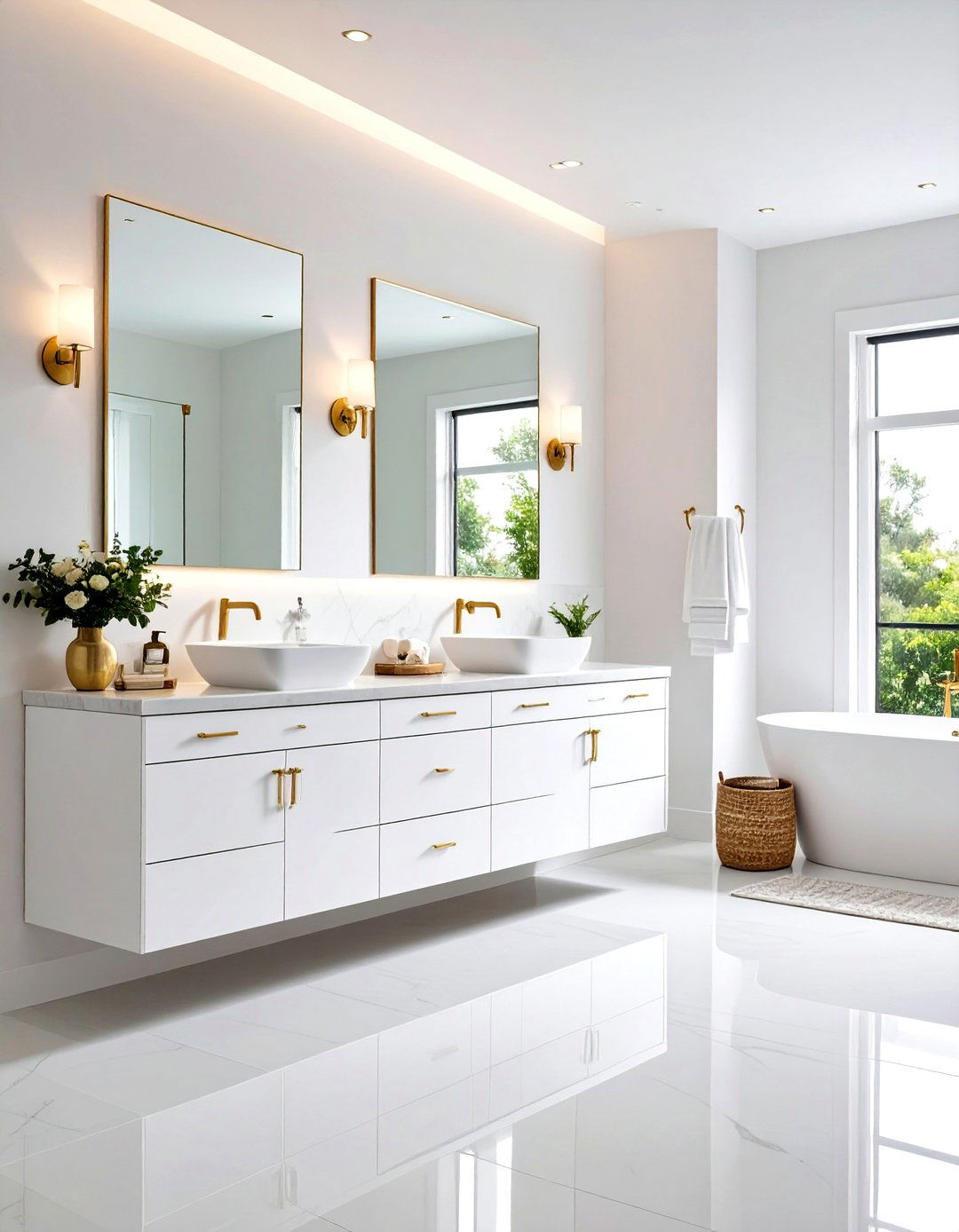 White and Gold Bathroom Floating Vanity Style - 20 White and Gold Bathroom Ideas