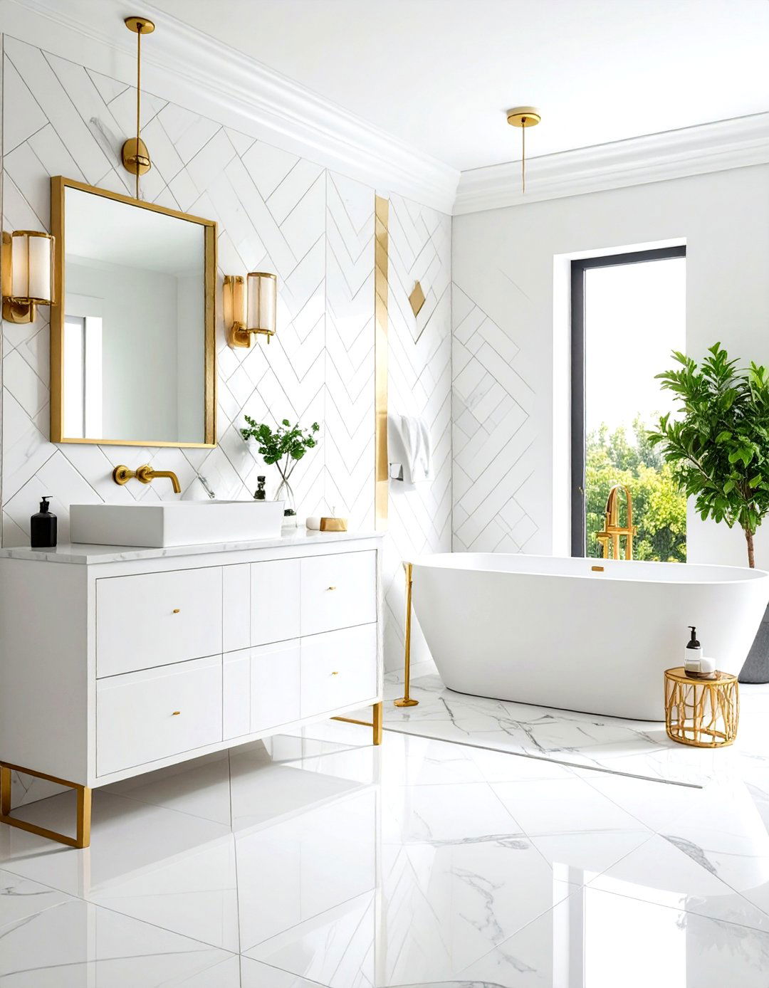 White and Gold Bathroom Geometric Tile Accents - 20 White and Gold Bathroom Ideas