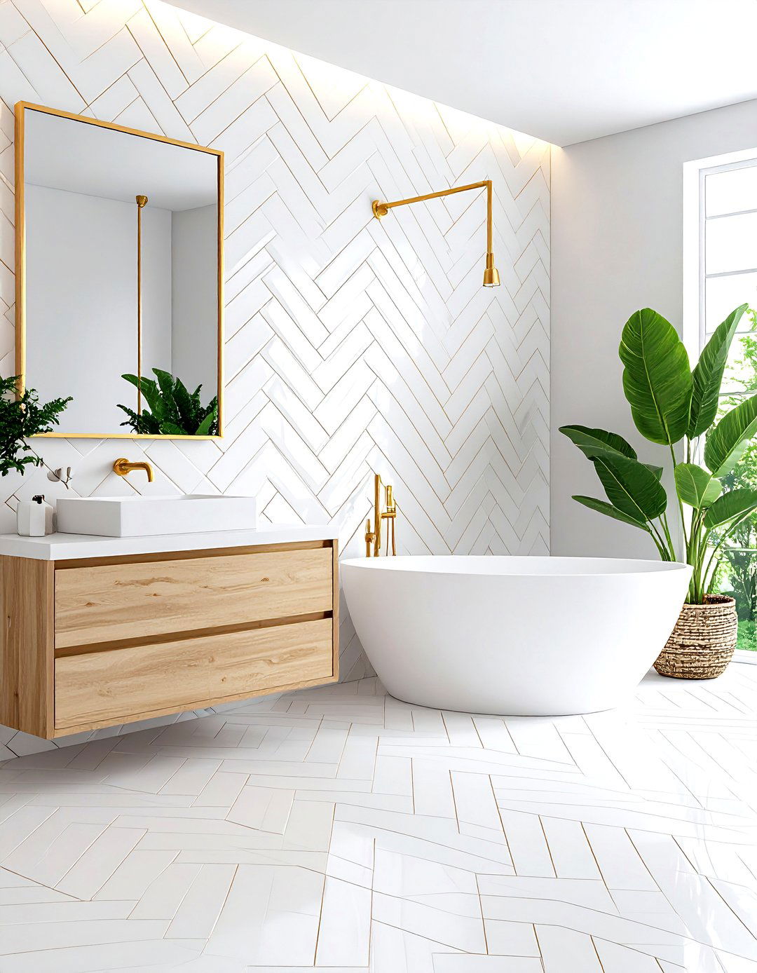 White and Gold Bathroom Herringbone Pattern Design - 20 White and Gold Bathroom Ideas