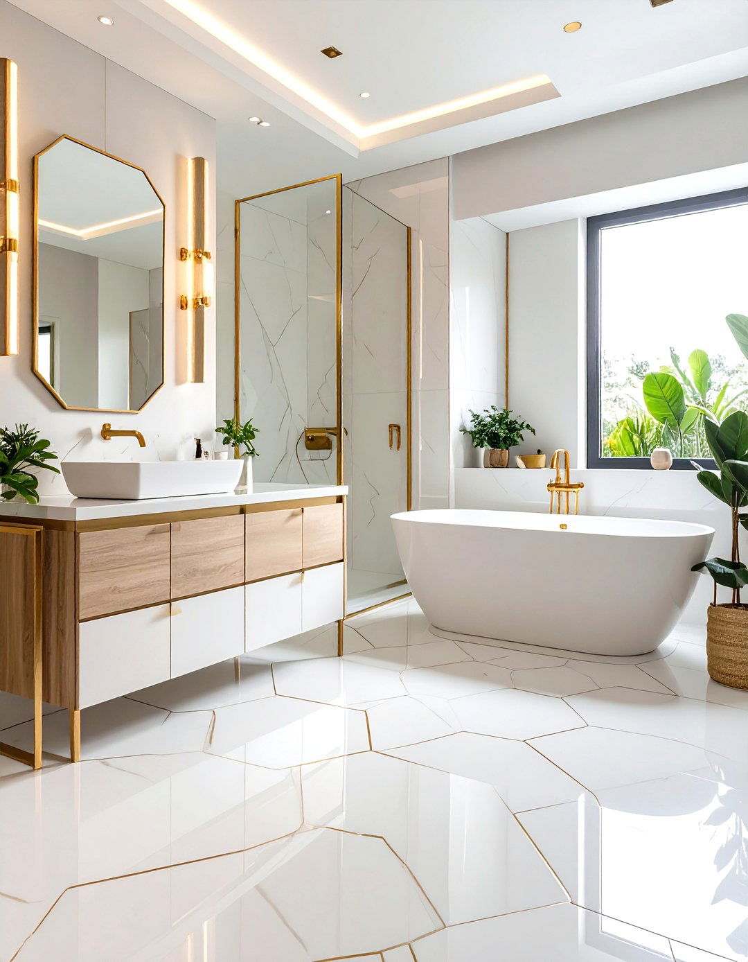 White and Gold Bathroom Hexagon Floor Tiles - 20 White and Gold Bathroom Ideas