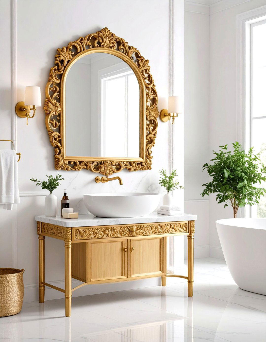 White and Gold Bathroom Statement Mirror Frames - 20 White and Gold Bathroom Ideas