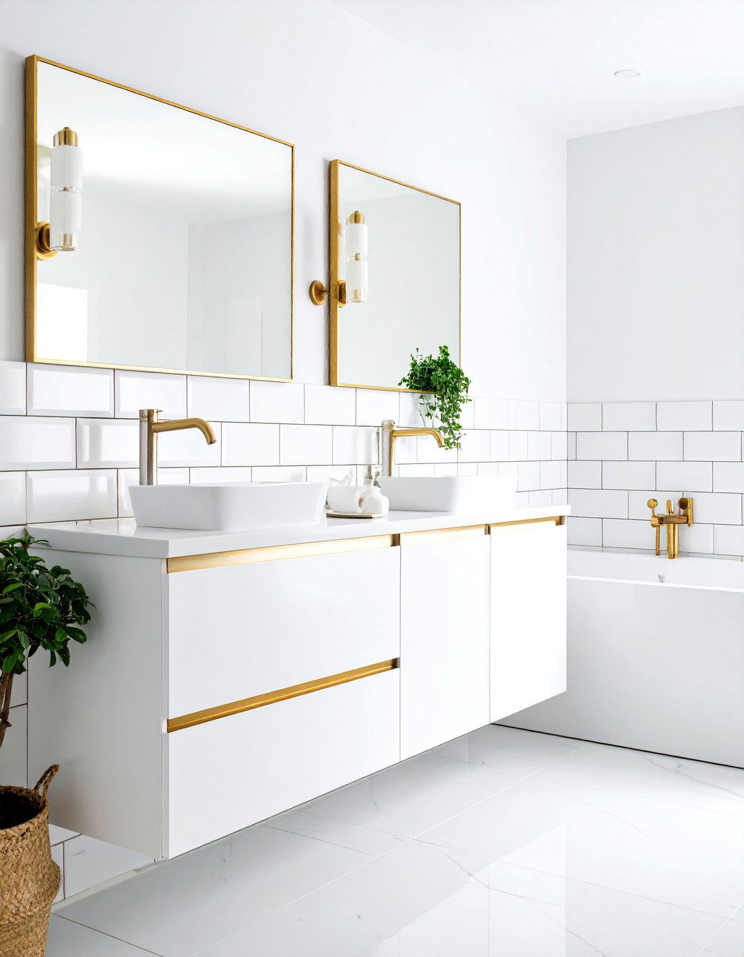 White and Gold Bathroom Subway Tile with Gold Grout - 20 White and Gold Bathroom Ideas