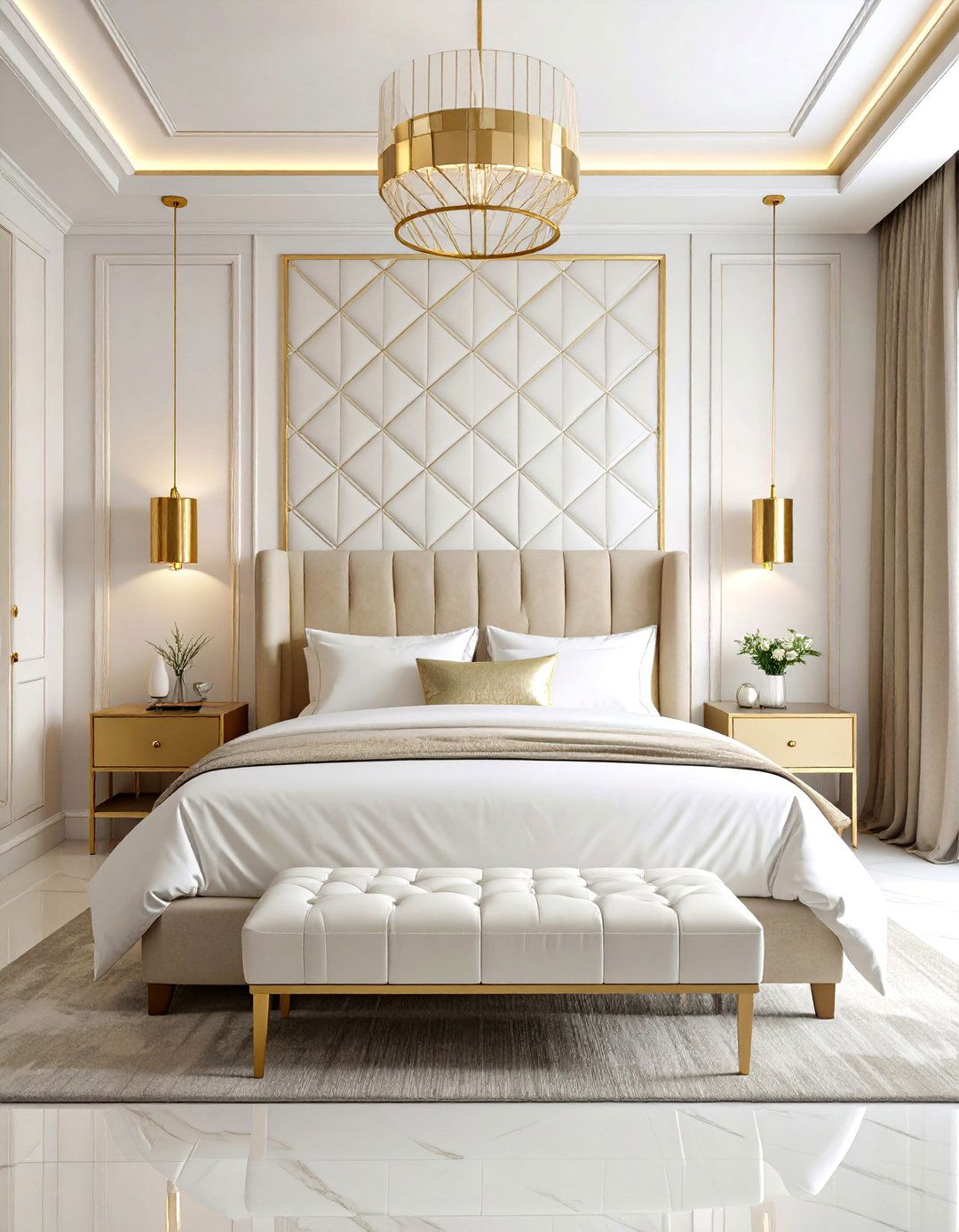 White and Gold Bedroom Accent Wall with Geometric Wallpaper - 20 White and Gold Bedroom Ideas