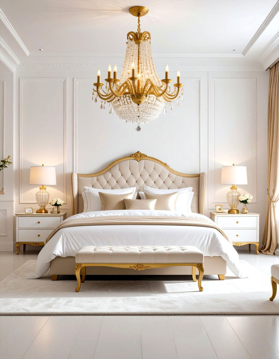White and Gold Bedroom Featuring Crystal Chandelier Lighting - 20 White and Gold Bedroom Ideas