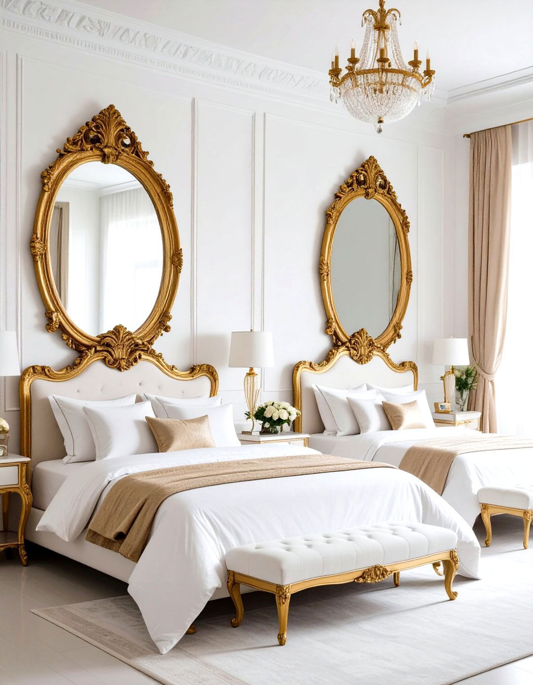 White and Gold Bedroom Featuring Decorative Gold Framed Mirrors - 20 White and Gold Bedroom Ideas