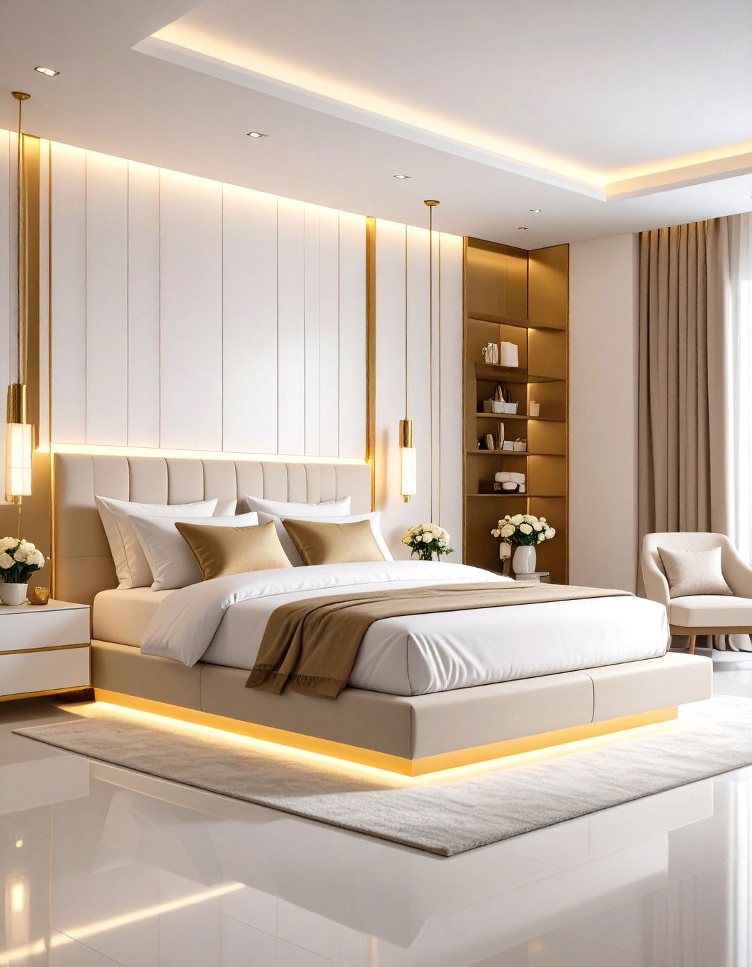 White and Gold Bedroom Featuring LED Strip Lighting Effects - 20 White and Gold Bedroom Ideas