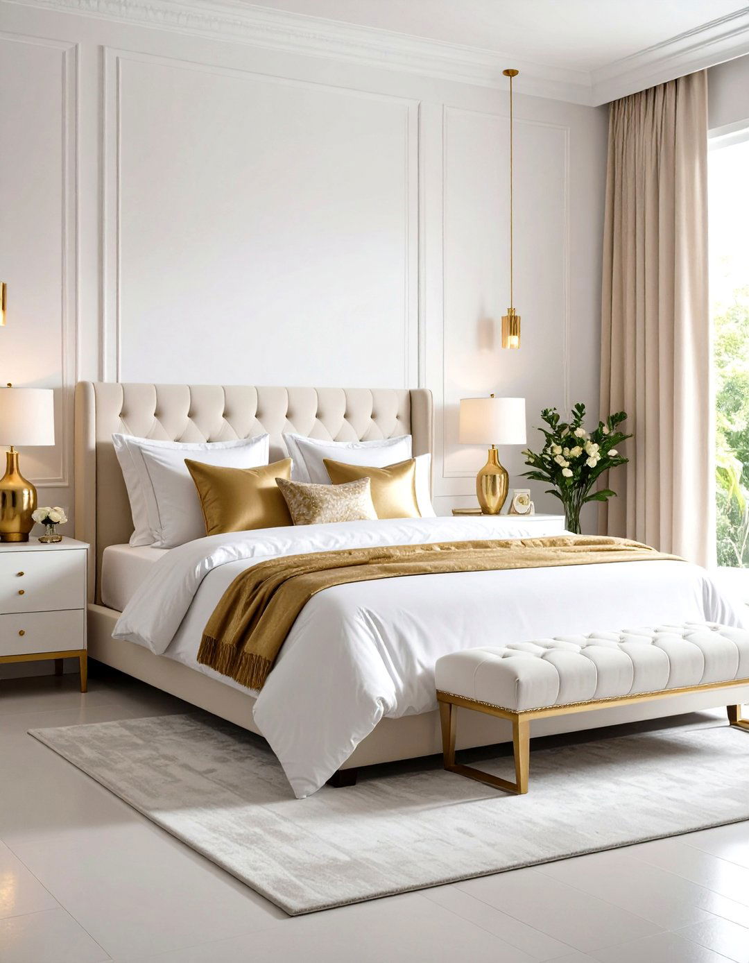 White and Gold Bedroom Featuring Luxurious Silk Bedding - 20 White and Gold Bedroom Ideas